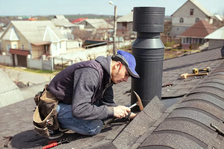 Profesjonell taktekkermester med hammer reparerer taket